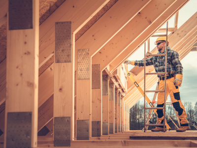 A man standing on a ladder working on a roof